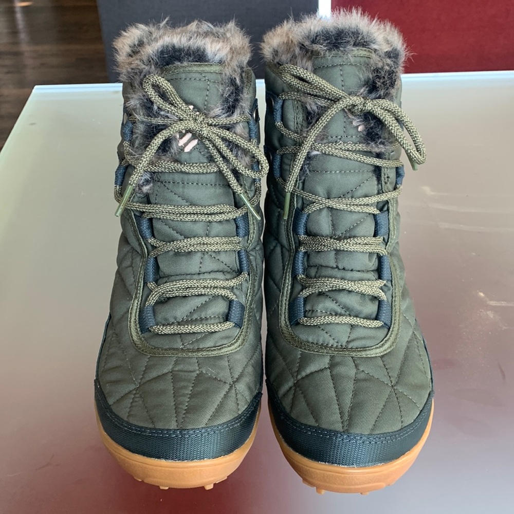 Columbia Minx Shorty III snow waterproof green teal booties with faux fur trim